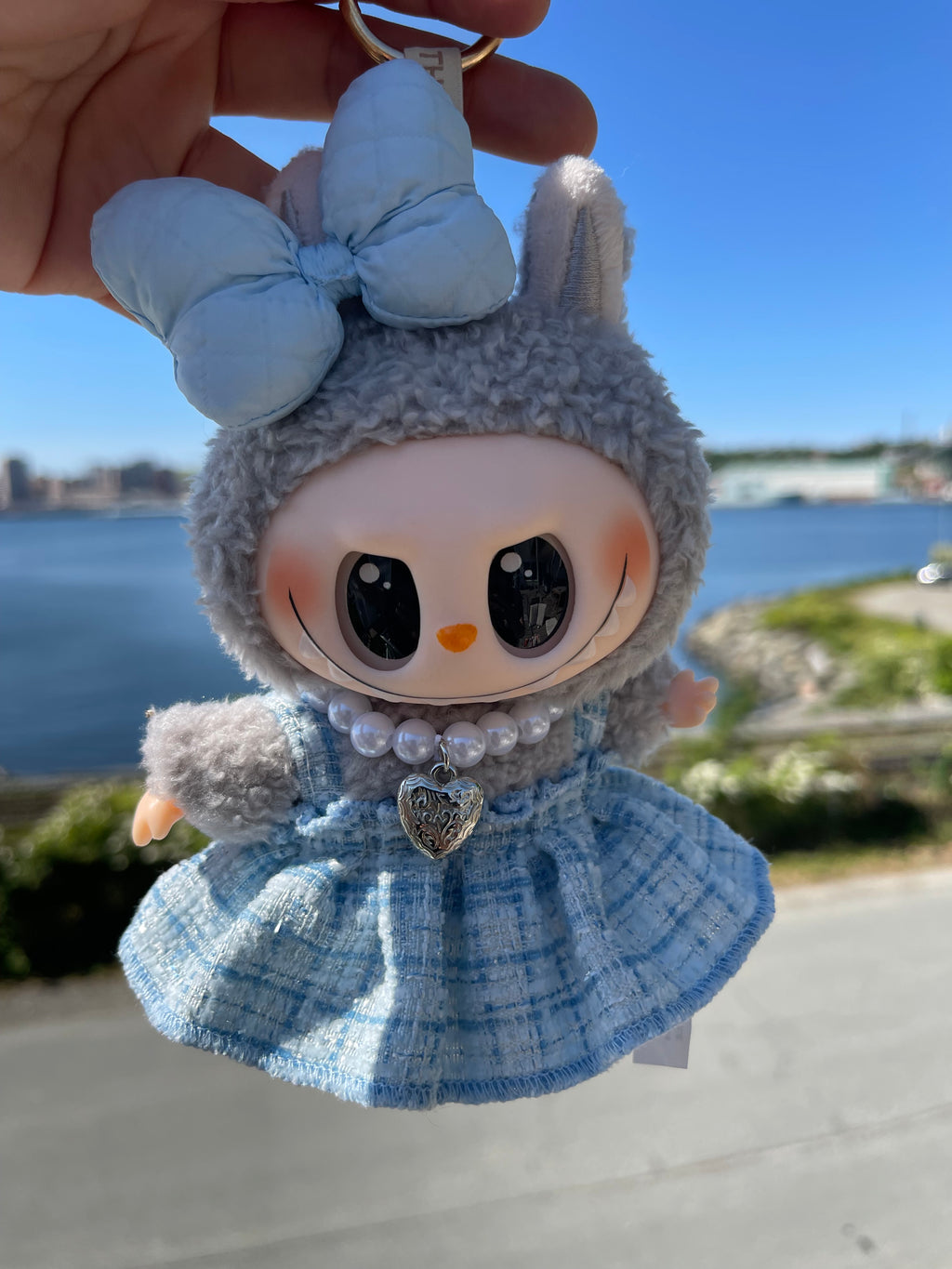 Blue & White Dress w Pearls & Bow
